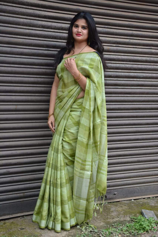 Olive Lime Linen Saree with checks- LNL022 Light green simple saree