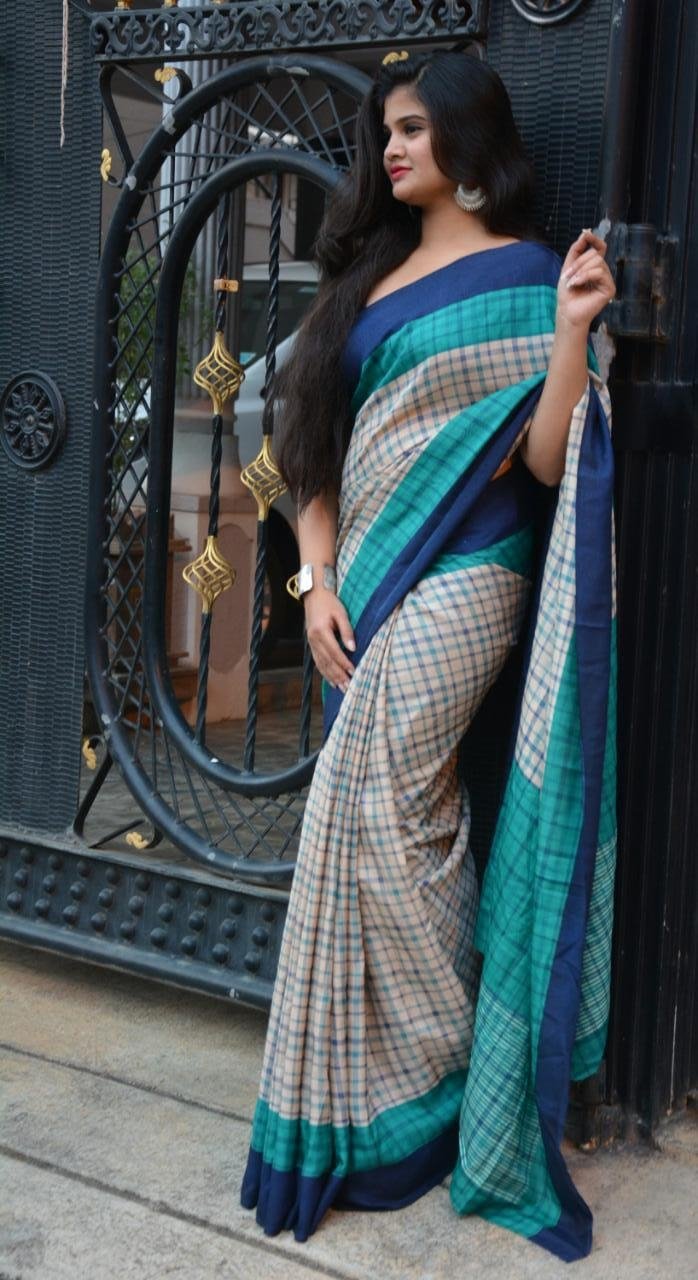 Peacock Combo Linen Saree with checks- LNL025 Traditional saree for parties 