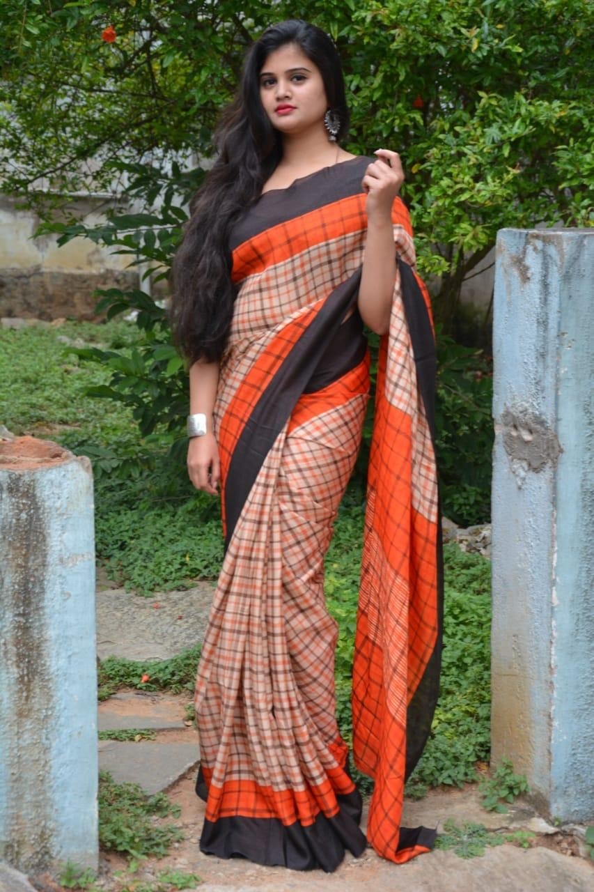 Sepia Fresh Linen Saree with checks- LNL028 Light brown coloured simple saree