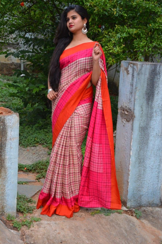 Pink Coral Linen Saree with checks- LNL029 Pink coloured saree for party use