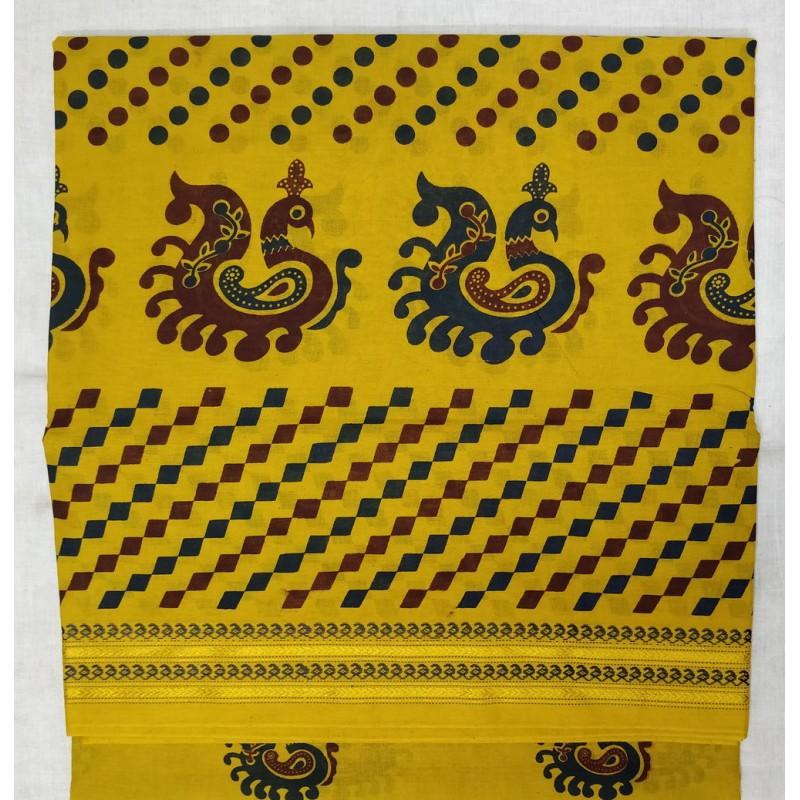 Pineapple Treat Madurai Sungudi Saree-MSS004 yellow coloured saree with peacock print