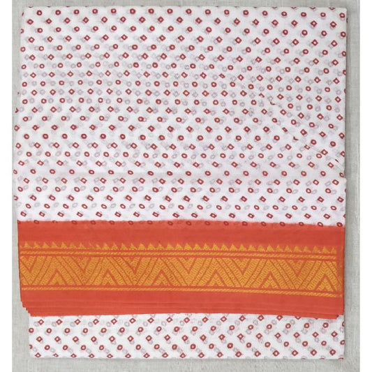 Orange and White Madurai Sungudi Saree-MSS088 white coloured cotton saree