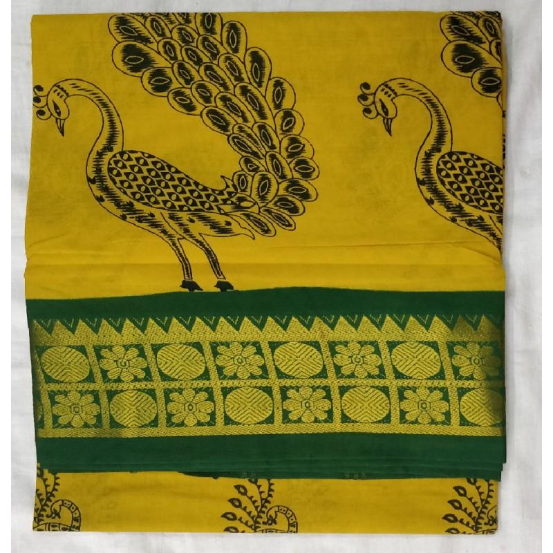 Yellow-Green Duo Madurai Sungudi Saree-MSS101 yellow  and green coloured peacock print saree
