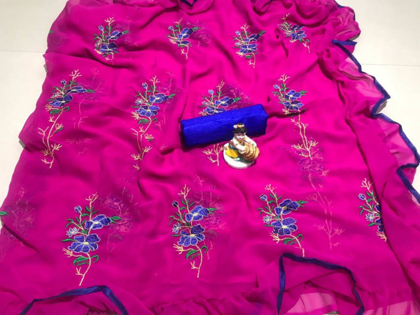 Magenta Pink Ruffles Saree with Blue Embroidery-RS006