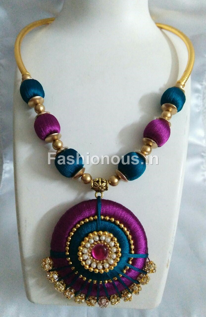 Majentha and Green Silk Thread Necklace - Main Image