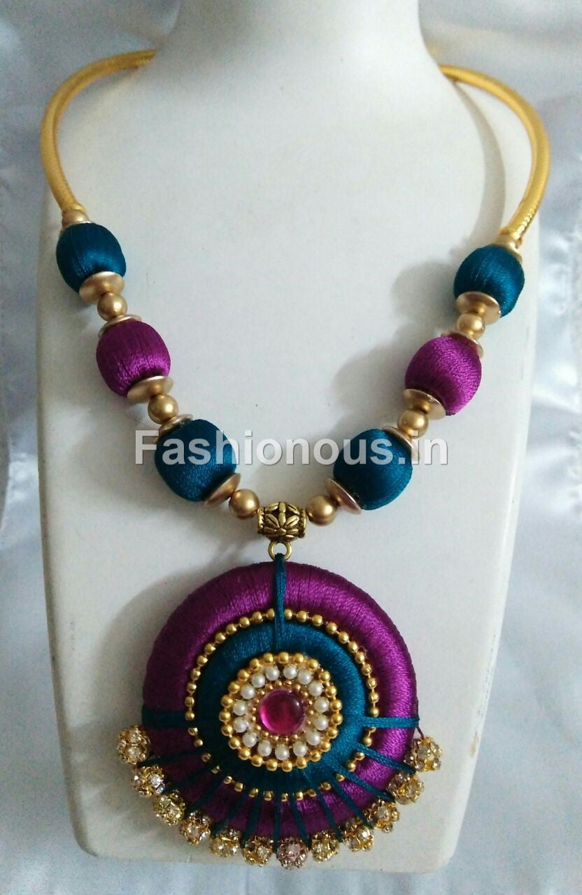 Majentha and Green Silk Thread Necklace