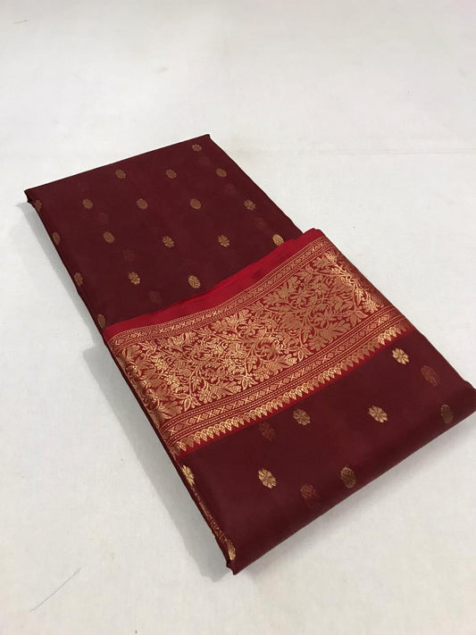 Maroon Pure Katan Chanderi Silk Saree with Red Border