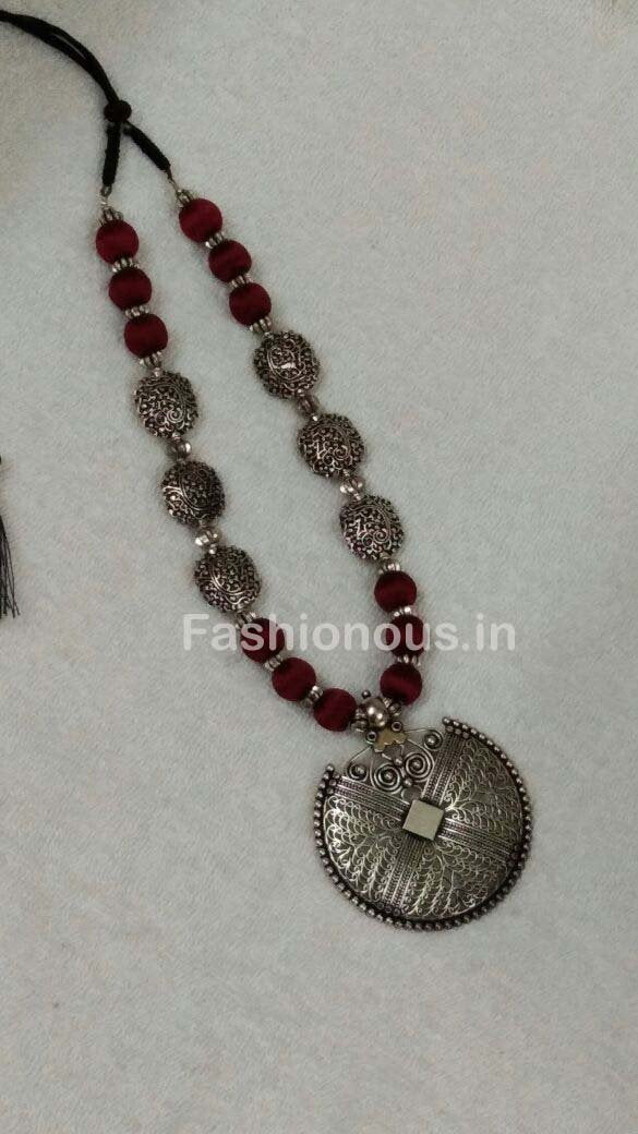Maroon Silk Thread Beads with Silver Round Oxidised Pendant-OXDJSW-028