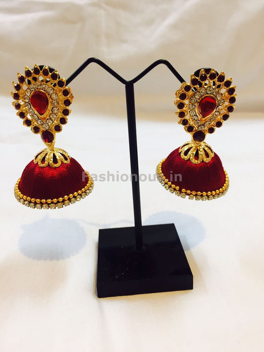 Maroon Stone Studded Droplet Silk Thread Jhumkas-STJH-015