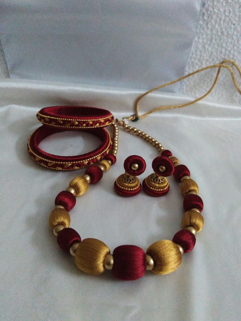 Maroon and Golden Ball Silk Thread Jewellery Set