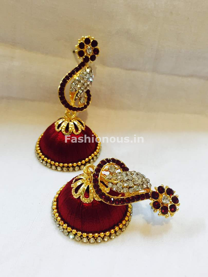 Maroon and White Stone Studded Peacock Neck Floral Silk Thread Jhumkas-STJH-049