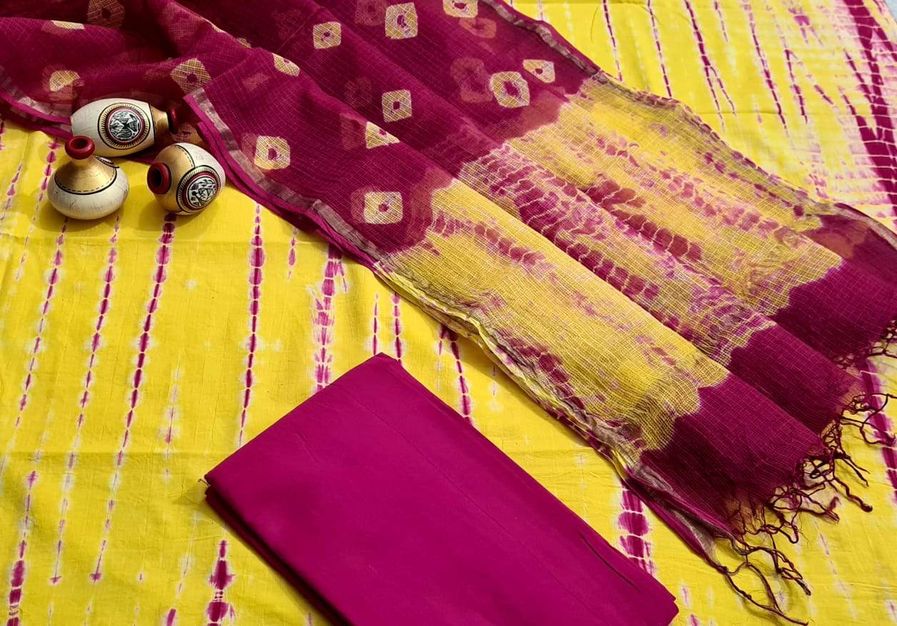 Maroon and Yellow Handblock Unstitched Printed Cotton Suit