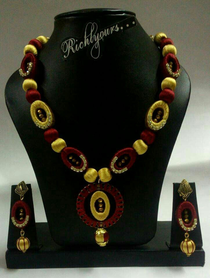 Maroon and Yellow Oval Loop Silk Thread Jewellery Set