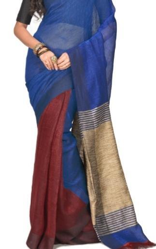 Maroon with Blue and Gray Pallu Linen Saree-LNSRE-028