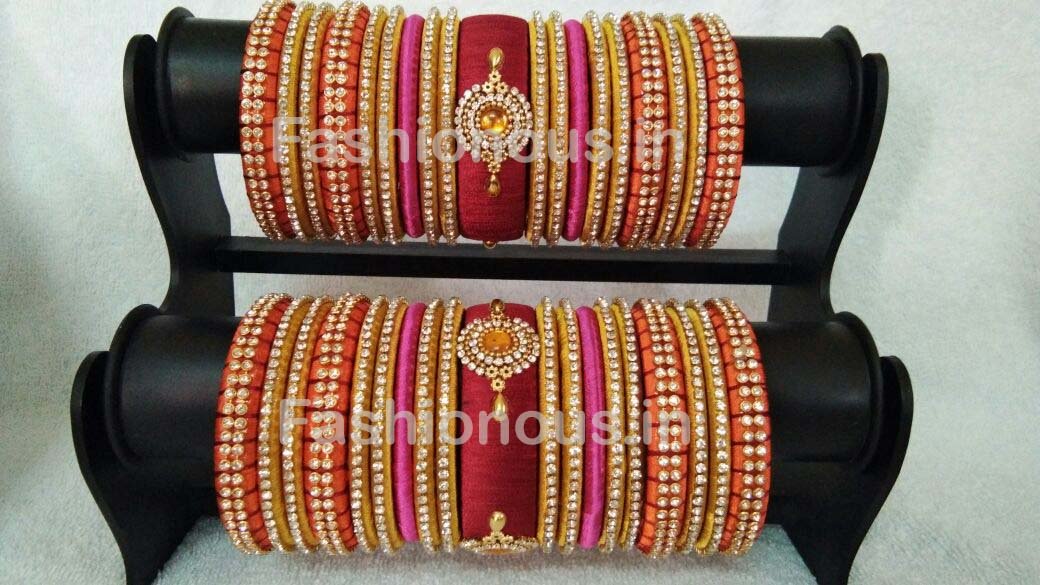 Maroon with Pink and Orange Floral Stone Worked Silk Thread Bangle Set-STJSW-060