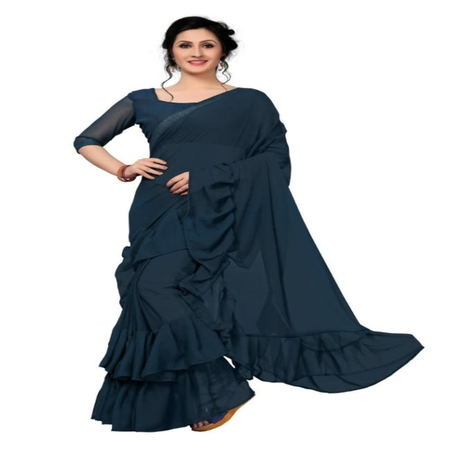 Midnight Blue Ruffle Saree-RS009