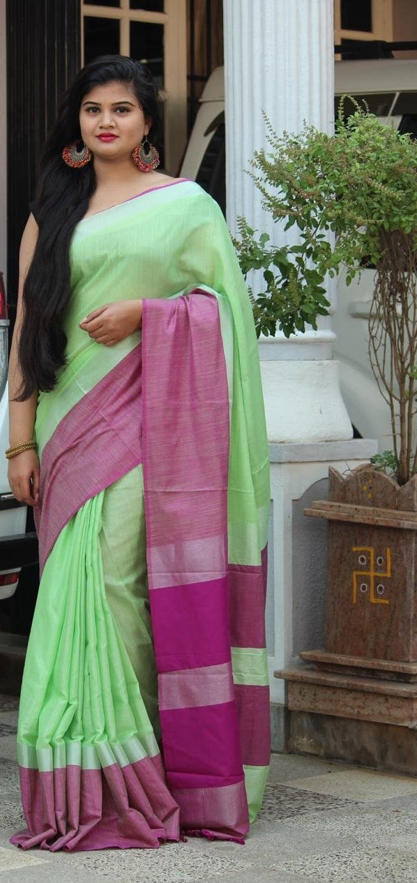 Mild Green Linen Saree with Pink Border-LN207