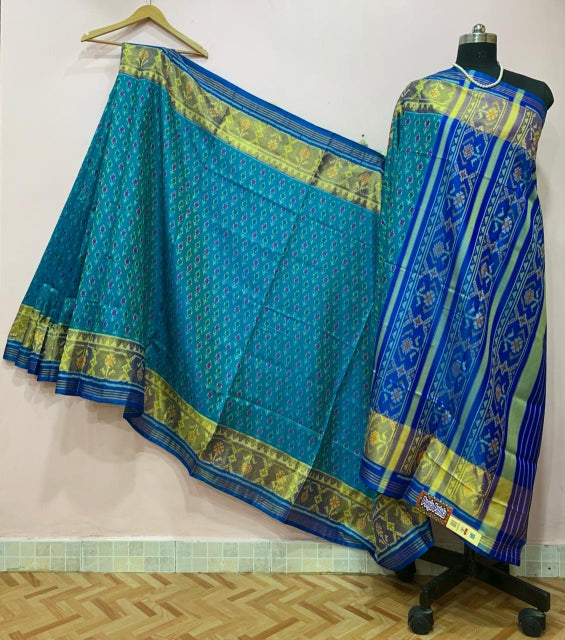Blue Floral Designed with Golden Border Patola Silk Saree-PPSRE-012