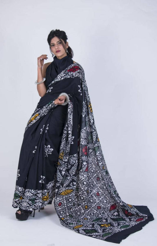 Modish Black Mulmul Cotton Saree