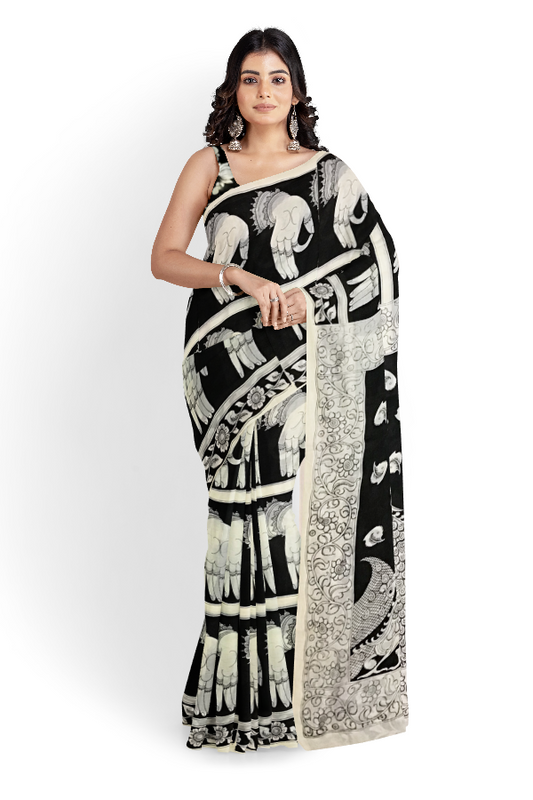 Monochrome Krishna Playing Flute Hand-Painted Mal-Mal Cotton Kalamkari Saree