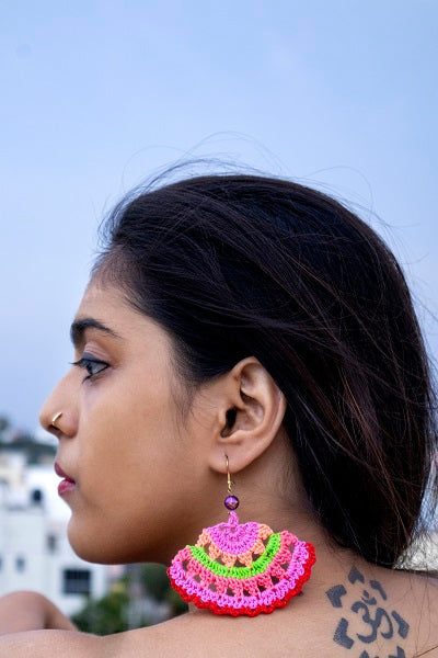 Multi Color Floral Traditional Statement Crochet Earrings