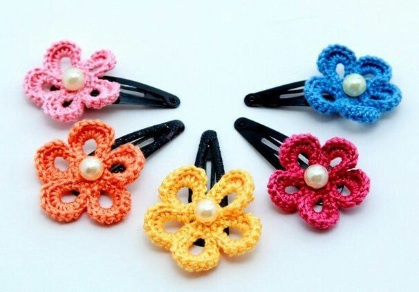 Colorful Floral Crochet Hair Clips with White Beads