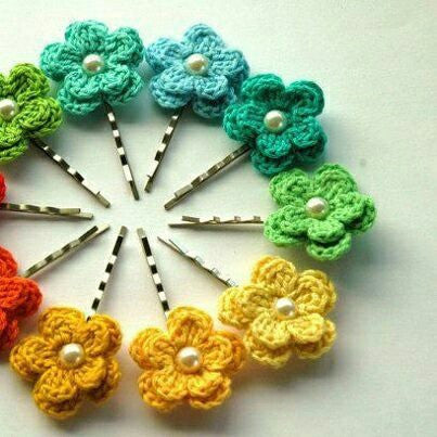 Colorful Floral Crochet Hair Pins with White Beads