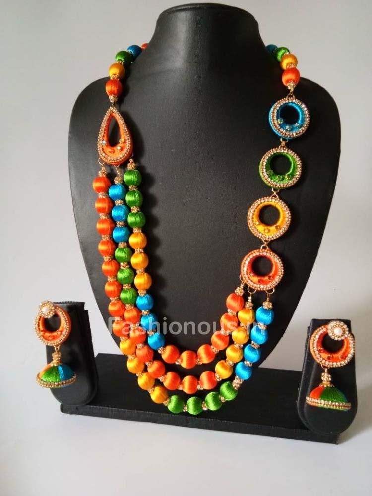 Multicolor Silk Ball String Silk Thread Jewellery Set-STJS-040