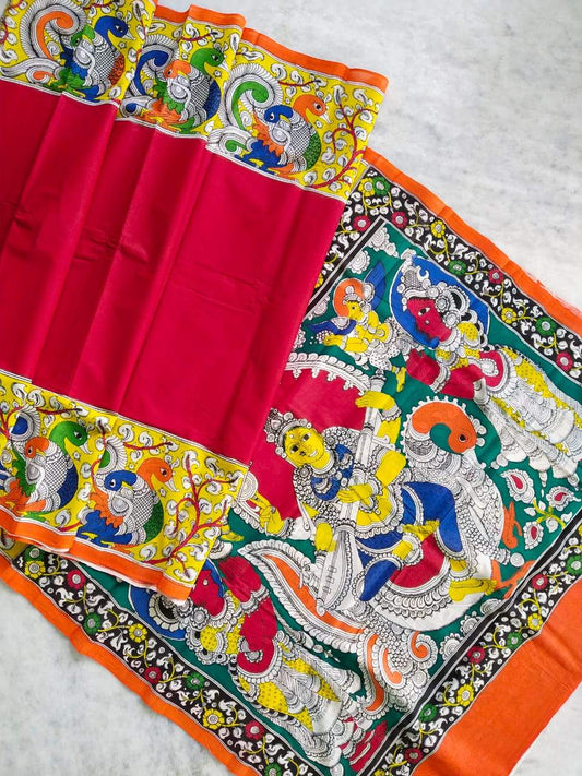 Multicolour Hand Painted Kalamkari  Malmal Cotton  Saree_MHKCS001