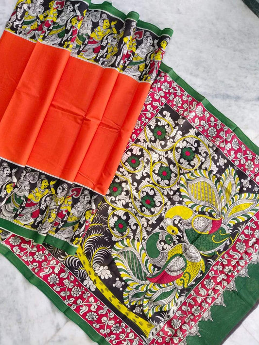 Multicolour Hand Painted Kalamkari  Malmal Cotton  Saree_MHKCS003