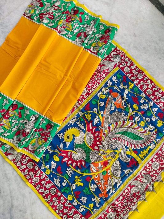 Multicolour Hand Painted Kalamkari  Malmal Cotton  Saree_MHKCS005