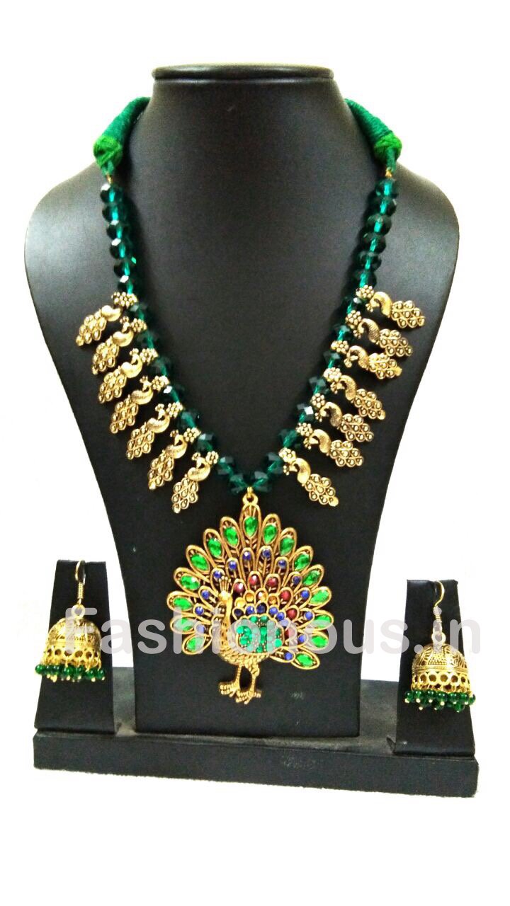 Multicolour Peacock Pendant With Green Crystal Necklace And Earrings-OXDJSW-012