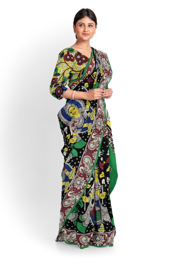 Multicoloured Hand-Painted Blended Silk Kalamkari Saree - KPCHS-028