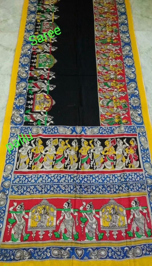 Multicoloured Dancing-girls and Elephants Hand-Painted Mal-Mal Cotton Kalamkari Saree