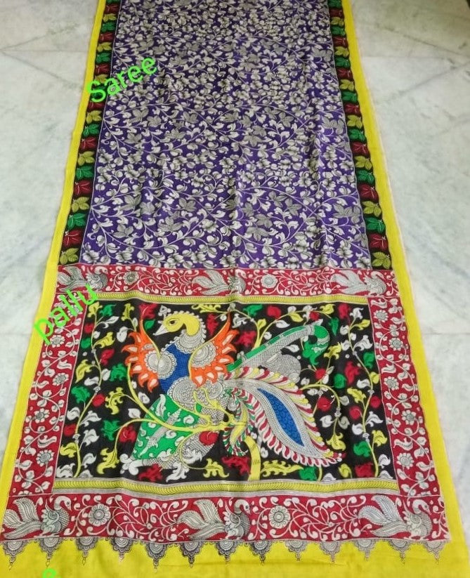 Multicoloured Flamboyant Peacock & Flowers Hand-Painted Mal-Mal Cotton Kalamkari Saree