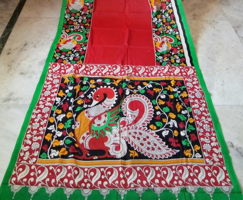Multicoloured Intricate Peacock Hand-Painted Mal-Mal Cotton Kalamkari Saree