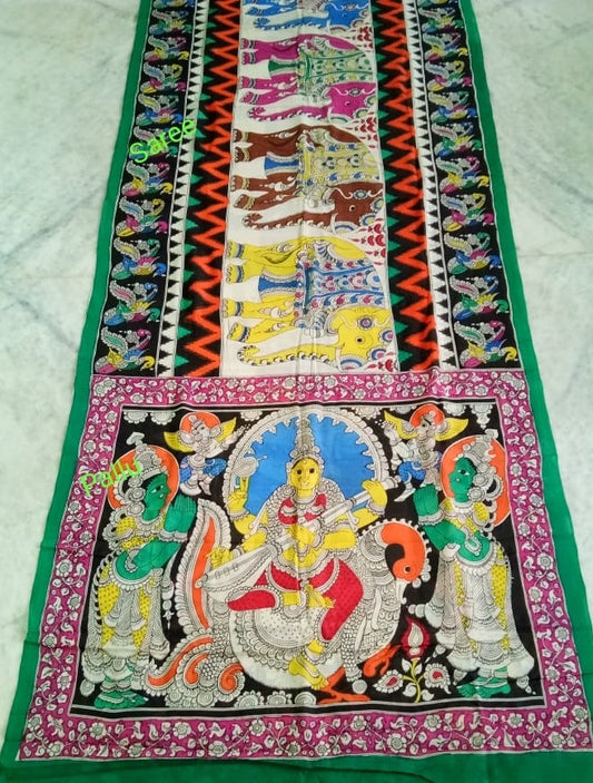 Multicoloured Intricate Hand-Painted Chennur Silk Kalamkari Saree - KPMCS104