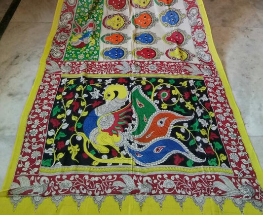 Multicoloured Peacock & Faces Hand-Painted Mal-Mal Cotton Kalamkari Saree