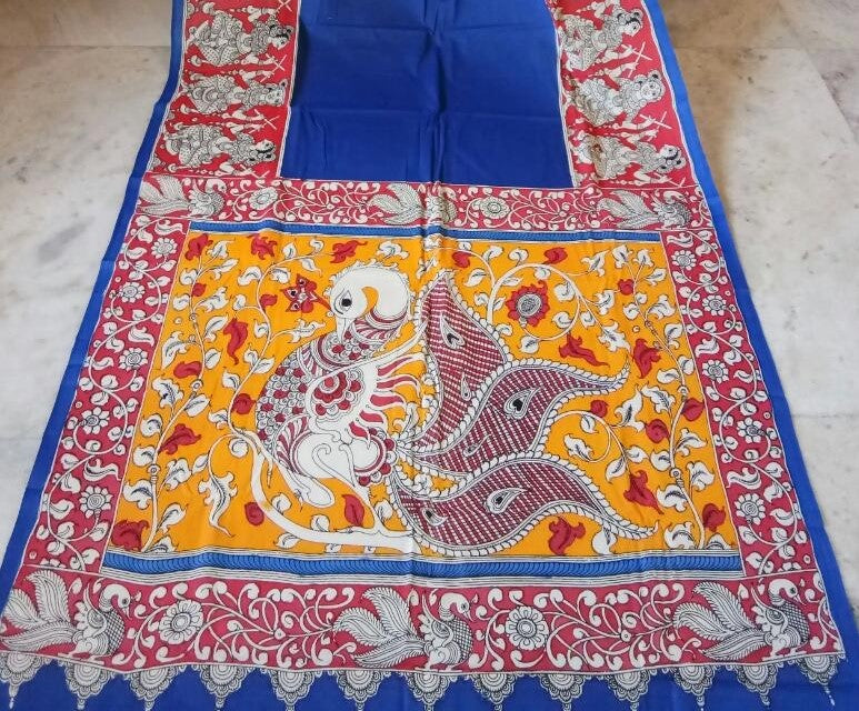 Multicoloured Peacock Hand-Painted Mal-Mal Kalamkari Saree