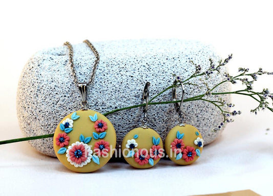 Mustard Floral Embroidery Necklace and Earrings-ZAPCNS-017
