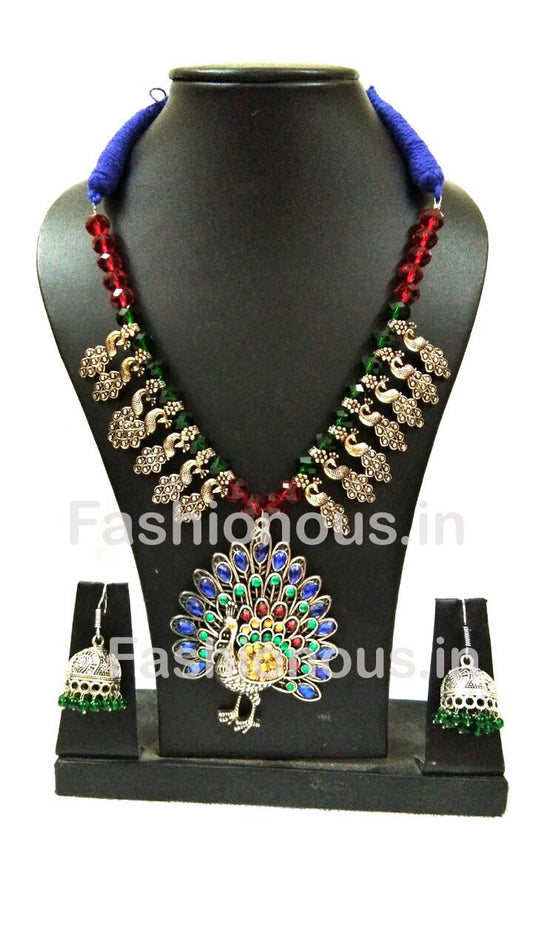Muticolor Colour Crystal Peacock Pendant And Earrings-OXDJSW-022