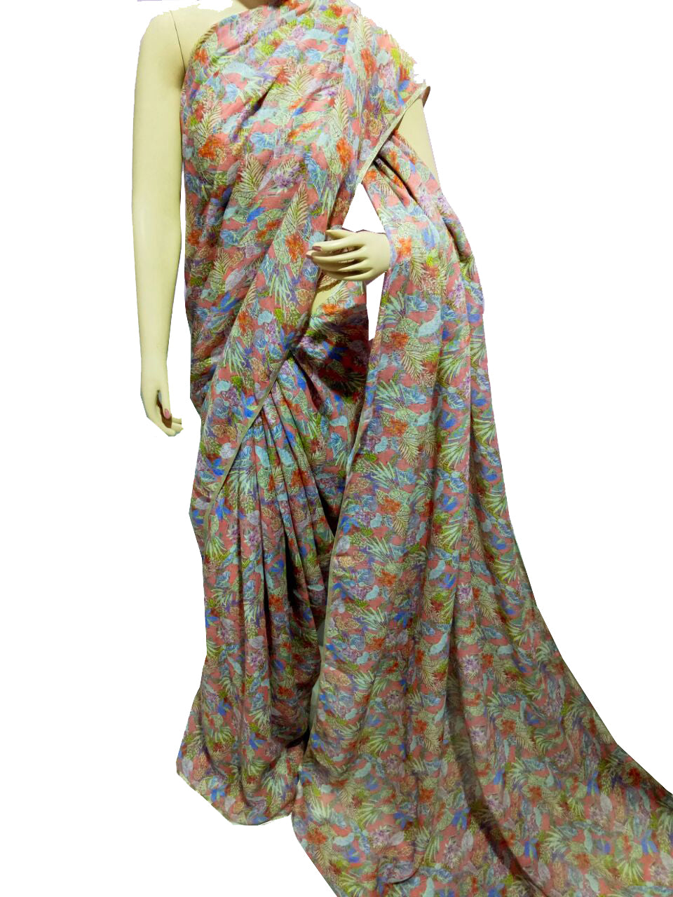 Muticolor Floral Printed Linen Saree-LNS001 Light brown coloured printed saree