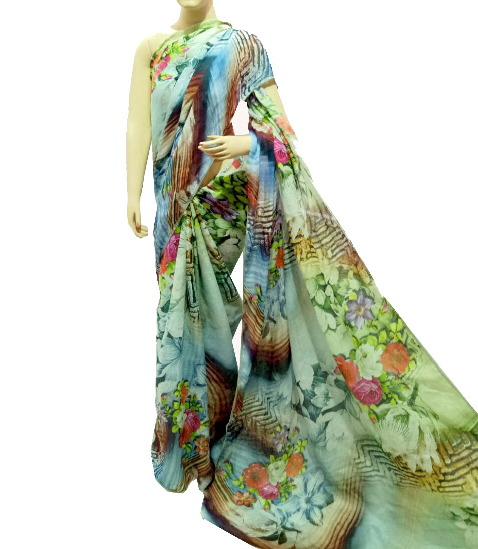 Muticolor Floral Printed Linen Saree-LNS003 Multicoloured partywear saree
