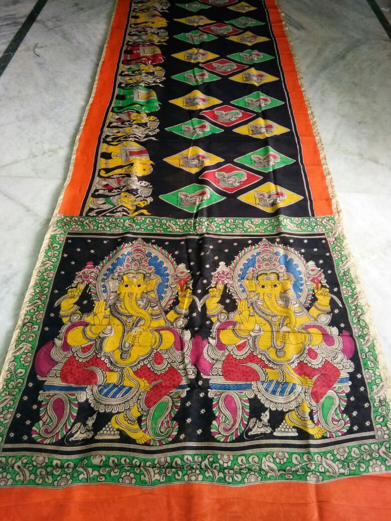 Muticolor Kalamkari Printed Chanderi with Zari Border Saree-KPCRS-007