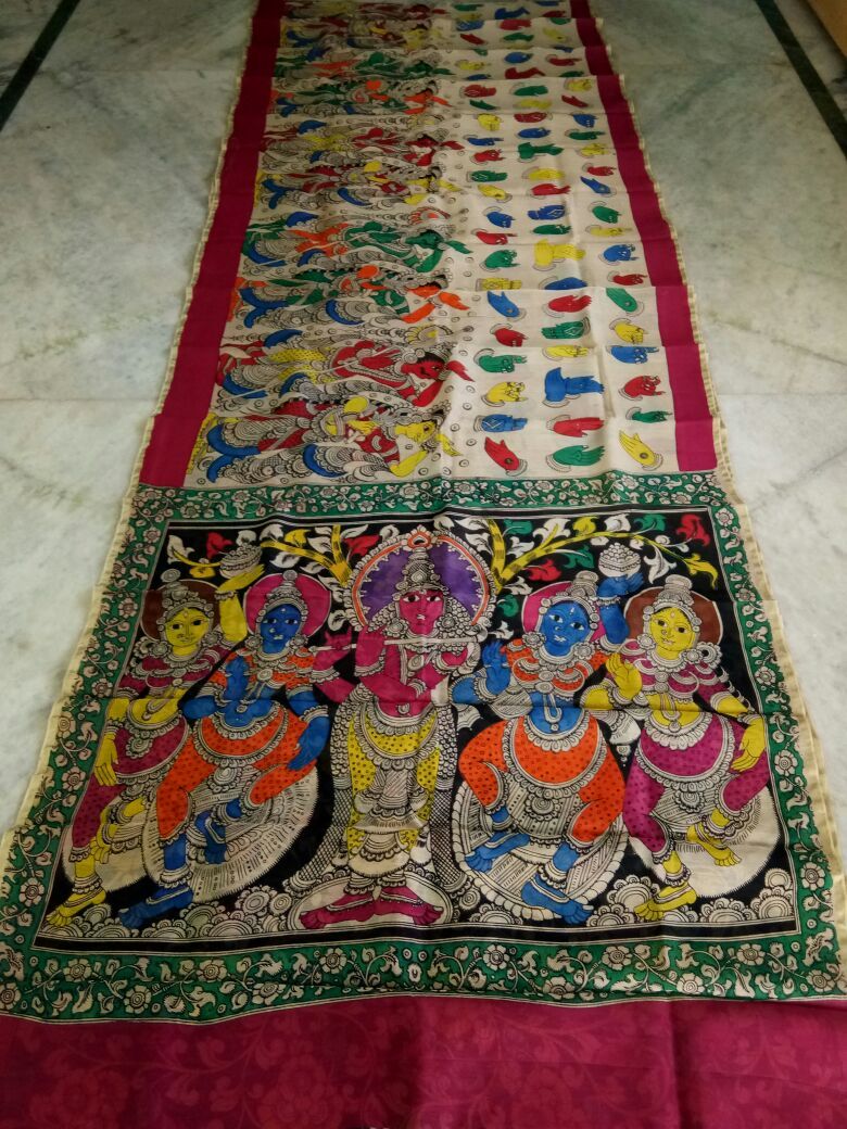 Muticolor Kalamkari Printed Chanderi with Zari Border Saree-KPCRS-018