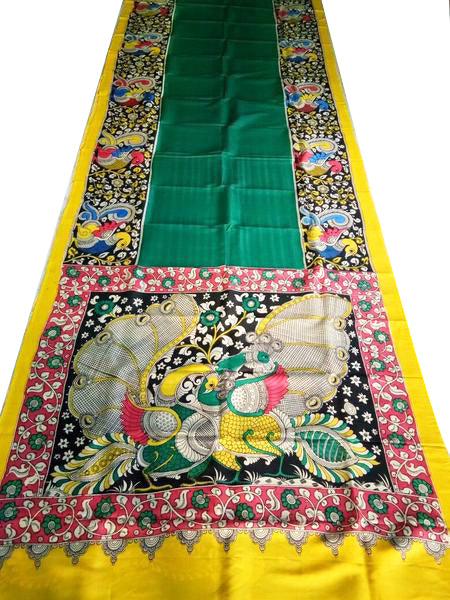 Multicoloured Simple Peacock Hand-Painted  Chennur SilkKalamkari Saree