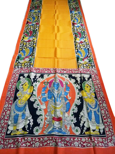 Multicoloured Vishnu Hand-Painted Chennur Silk Kalamkari Saree