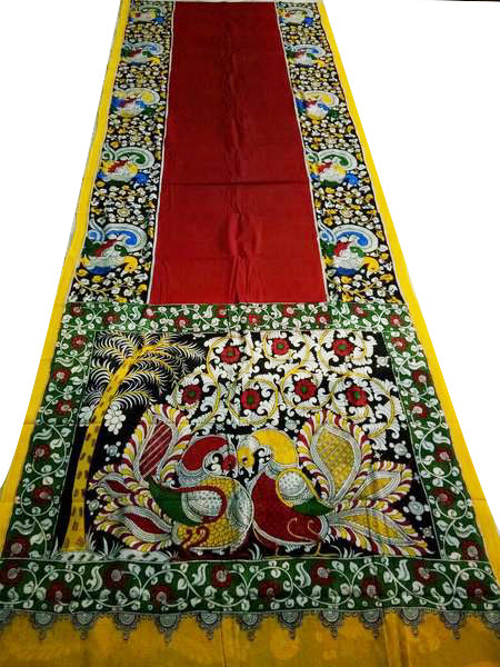 Multicoloured Intricate Peacock Hand-Painted Chennur Silk Kalamkari Saree