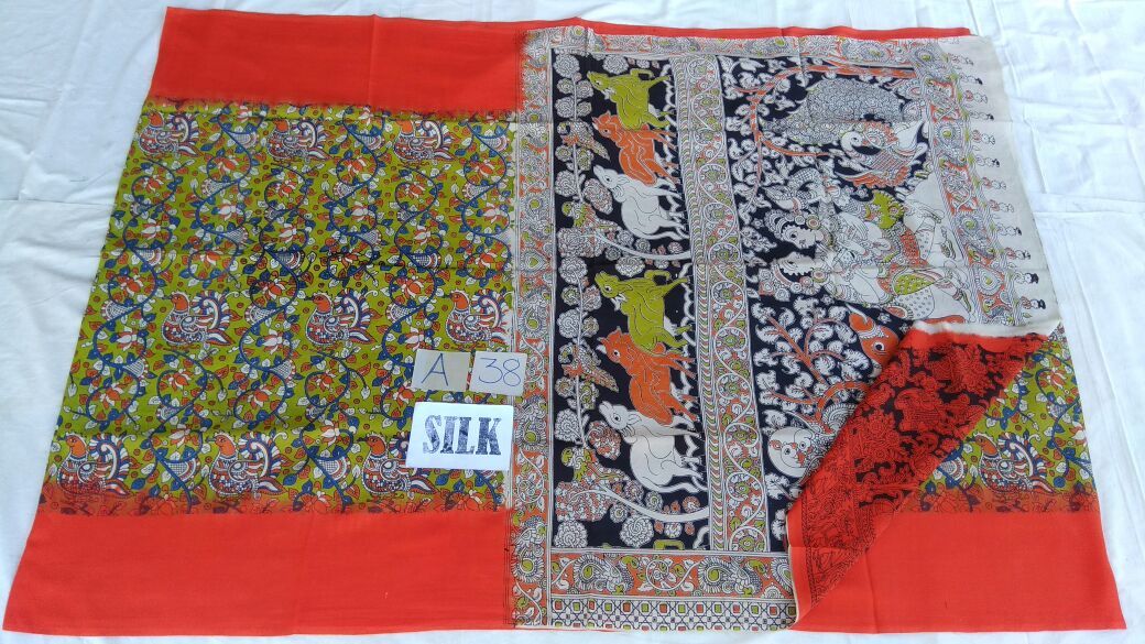 Muticolor Printed Silk Kalamkari Saree-KALAMKARI-0083