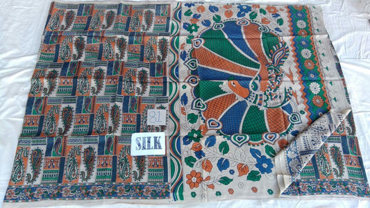 Muticolor Printed Silk Kalamkari Saree-KALAMKARI-0104